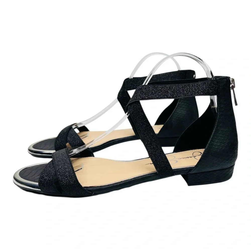 Jessica Simpson Aimlee Black /Silver Ankle Strap Block Low Heel Dressy Sandal